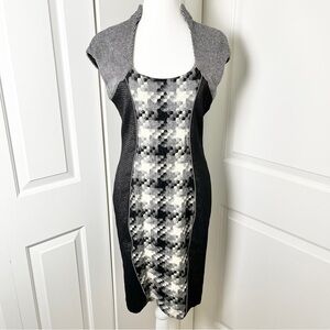 Made in Italy Houndstooth Panel Wool Sheath Dress Slimming Mod Power Look  US 10
